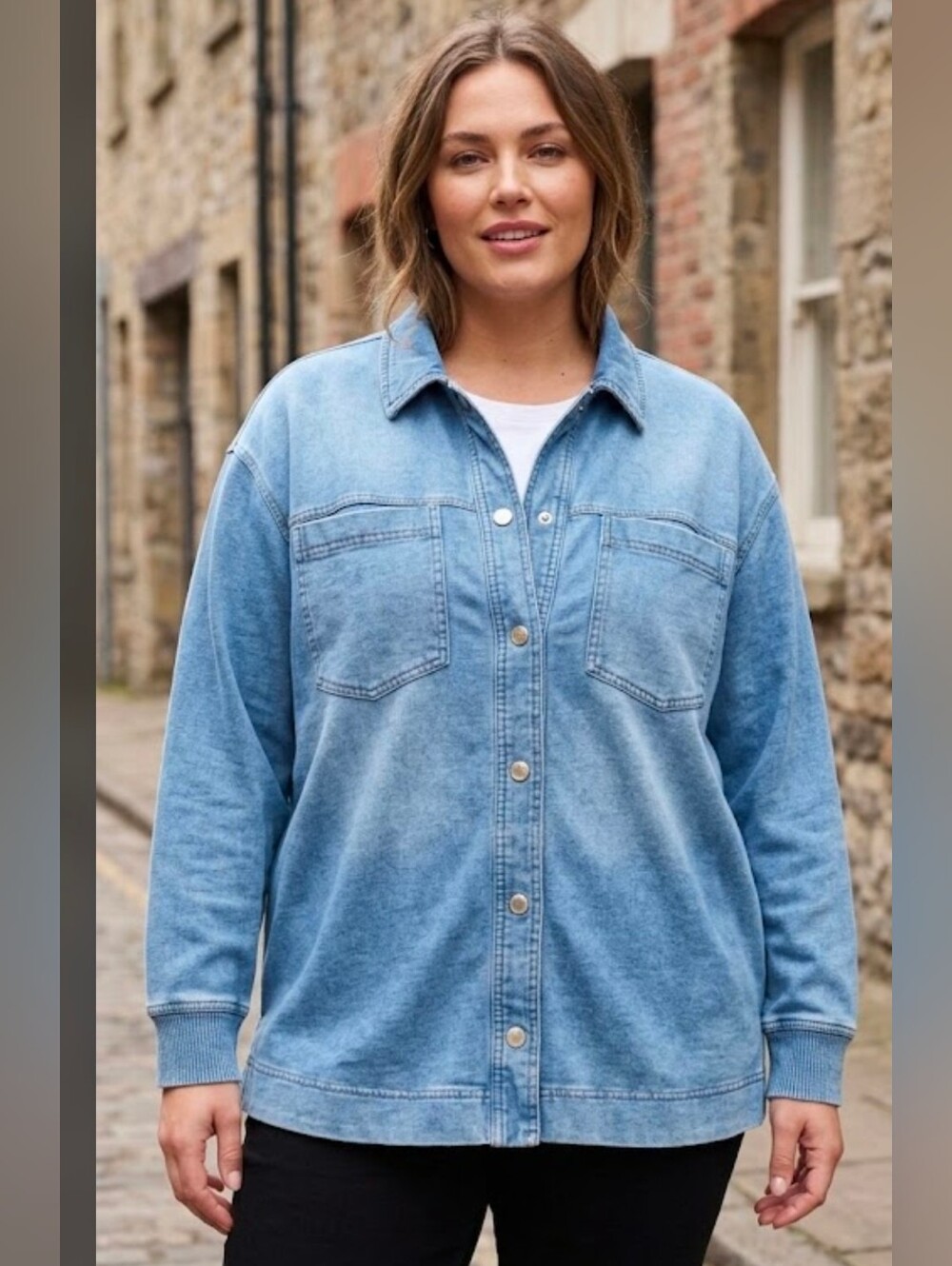 Jane + Delancey Denim Knit Shacket Button Front Jacket 1X
